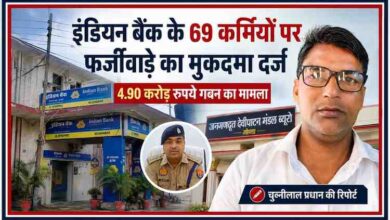 गोंडा स्थित इंडियन बैंक शाखा, पुलिस अधिकारी और पत्रकार चुन्नीलाल प्रधान की तस्वीर के साथ 4.90 करोड़ रुपये के कथित बैंक घोटाले पर आधारित फीचर इमेज।