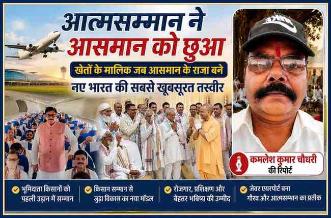 जेवर इंटरनेशनल एयरपोर्ट की पहली उड़ान में शामिल भूमिदाता किसान, मुख्यमंत्री योगी आदित्यनाथ से मुलाकात और रिपोर्टर कमलेश कुमार चौधरी की तस्वीर के साथ विशेष फीचर इमेज।