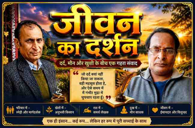 दो चिंतनशील व्यक्तियों की तस्वीरों के साथ बनाई गई फीचर इमेज, जिसमें "जीवन का दर्शन" शीर्षक के माध्यम से दर्द, अकेलेपन, मौन और जीवन की सच्चाइयों पर आधारित भावनात्मक संवाद को दर्शाया गया है।