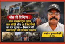 लखनऊ कोचिंग अग्निकांड की फीचर इमेज, जिसमें आग से झुलसी इमारत, राहत एवं बचाव कार्य, मुख्यमंत्री का निरीक्षण और रिपोर्टर कमलेश कुमार चौधरी का चित्र प्रदर्शित है।