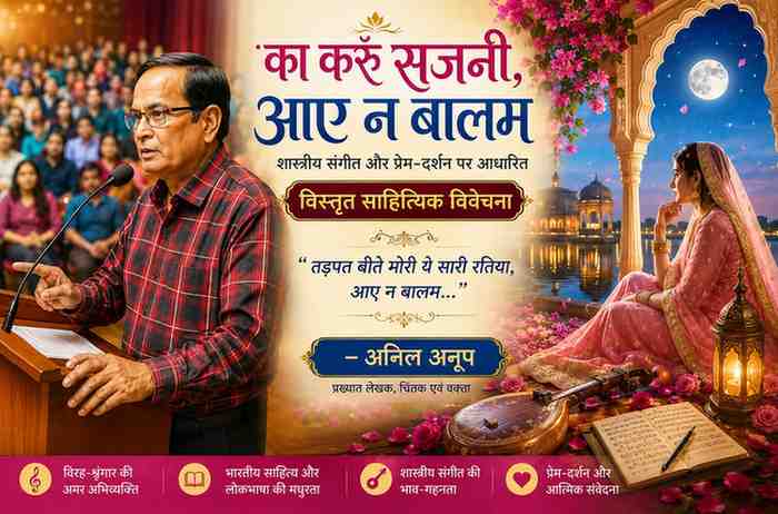 कार्यक्रम में लेखक अनिल अनूप शास्त्रीय संगीत और प्रेम-दर्शन पर आधारित 'का करूँ सजनी, आए न बालम' गीत की साहित्यिक विवेचना प्रस्तुत करते हुए, साथ में विरहिणी नायिका का श्रृंगारिक कलात्मक दृश्य।
