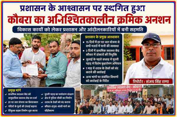 चित्रकूट के कौबरा में विकास संबंधी मांगों को लेकर प्रशासन को ज्ञापन सौंपते आंदोलनकारी, साथ में रिपोर्टर संजय सिंह राणा की तस्वीर और अनशन से जुड़ा फीचर पोस्टर।