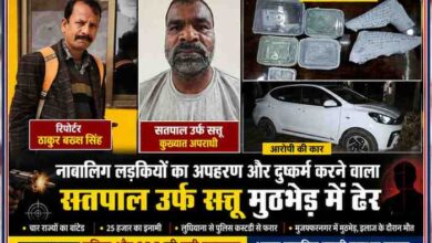 रिपोर्टर ठाकुर बख्श सिंह, कुख्यात अपराधी सतपाल उर्फ सत्तू, बरामद सामान और कार को दर्शाती मुजफ्फरनगर पुलिस एनकाउंटर से संबंधित समाचार फीचर इमेज।