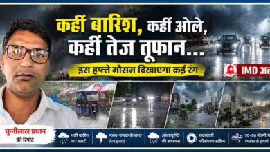रिपोर्टर चुन्नीलाल प्रधान के साथ बारिश, आंधी, ओलावृष्टि और तूफानी मौसम की चेतावनी दर्शाती फीचर इमेज