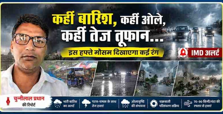 रिपोर्टर चुन्नीलाल प्रधान के साथ बारिश, आंधी, ओलावृष्टि और तूफानी मौसम की चेतावनी दर्शाती फीचर इमेज