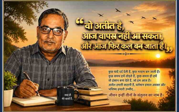 एक चिंतनशील लेखक की लैंडस्केप फीचर इमेज, जिसमें सूर्यास्त की पृष्ठभूमि, स्मृतियों और समय पर आधारित प्रेरक उद्धरण तथा डबल स्टैंडर्ड कलर रूल्ड बॉक्स में सजी भावनात्मक प्रस्तुति दिखाई गई है।