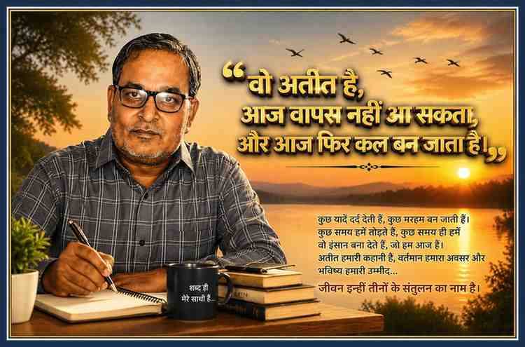 एक चिंतनशील लेखक की लैंडस्केप फीचर इमेज, जिसमें सूर्यास्त की पृष्ठभूमि, स्मृतियों और समय पर आधारित प्रेरक उद्धरण तथा डबल स्टैंडर्ड कलर रूल्ड बॉक्स में सजी भावनात्मक प्रस्तुति दिखाई गई है।