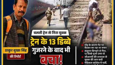 रिपोर्टर ठाकुर बुख्श सिंह की तस्वीर के साथ रेलवे स्टेशन पर चलती ट्रेन से गिरने के बाद बचाए गए युवक की घटना को दर्शाती फीचर इमेज।