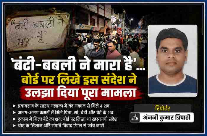 प्रयागराज के साउथ मलाका इलाके में बंद मकान से चार शव मिलने के मामले में घटनास्थल की भीड़ और रिपोर्टर अंजनी कुमार त्रिपाठी का चित्र दर्शाती फीचर इमेज।