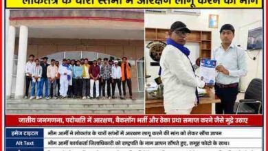 चित्रकूट में भीम आर्मी जय भीम संगठन के पदाधिकारी और कार्यकर्ता जिलाधिकारी कार्यालय में राष्ट्रपति एवं प्रधानमंत्री के नाम ज्ञापन सौंपते हुए
