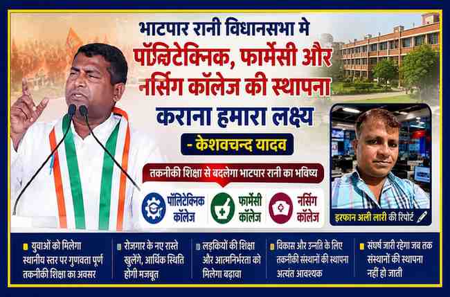 युवा कांग्रेस नेता केशवचन्द यादव तकनीकी शिक्षा संस्थानों की स्थापना पर संबोधित करते हुए, साथ में रिपोर्टर इरफान अली लारी की तस्वीर और शैक्षणिक संस्थान का प्रतीकात्मक दृश्य।