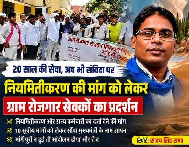 चित्रकूट में ग्राम रोजगार सेवकों के प्रदर्शन की तस्वीर के साथ रिपोर्टर संजय सिंह राणा का पोर्ट्रेट, नियमितीकरण और राज्य कर्मचारी का दर्जा देने की मांग को दर्शाती फीचर इमेज।