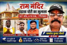 अयोध्या राम मंदिर चढ़ावा गबन मामले पर आधारित फीचर इमेज, जिसमें राम मंदिर, आरोपियों की तस्वीरें और रिपोर्टर कमलेश कुमार चौधरी का फोटो दिखाई दे रहा है।