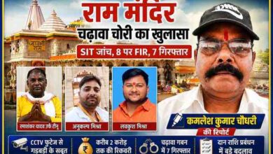 अयोध्या राम मंदिर चढ़ावा गबन मामले पर आधारित फीचर इमेज, जिसमें राम मंदिर, आरोपियों की तस्वीरें और रिपोर्टर कमलेश कुमार चौधरी का फोटो दिखाई दे रहा है।