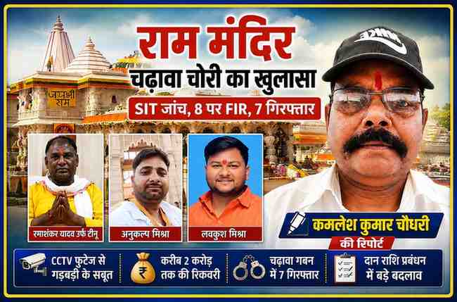 अयोध्या राम मंदिर चढ़ावा गबन मामले पर आधारित फीचर इमेज, जिसमें राम मंदिर, आरोपियों की तस्वीरें और रिपोर्टर कमलेश कुमार चौधरी का फोटो दिखाई दे रहा है।