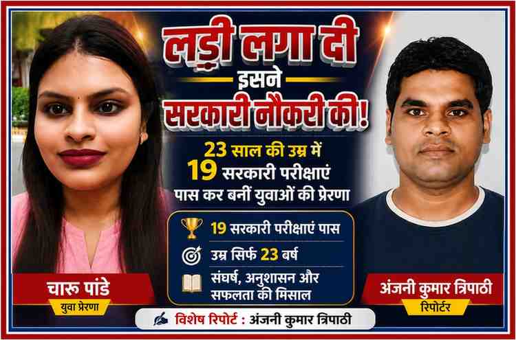 चारू पांडे और रिपोर्टर अंजनी कुमार त्रिपाठी के साथ तैयार फीचर इमेज, जिसमें 23 वर्ष की उम्र में 19 सरकारी परीक्षाएं पास करने की प्रेरक सफलता कहानी दर्शाई गई है।