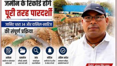 धारा 34 के तहत जमीन के नामांतरण और दाखिल-खारिज प्रक्रिया पर आधारित फीचर इमेज, जिसमें रिपोर्टर संजय सिंह राणा की तस्वीर और निर्माणाधीन भूमि स्थल दर्शाया गया है।