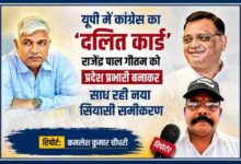 उत्तर प्रदेश कांग्रेस की नई रणनीति पर आधारित फीचर इमेज, जिसमें राजेन्द्र पाल गौतम और रिपोर्टर कमलेश कुमार चौधरी की तस्वीर के साथ दलित राजनीति और नए सियासी समीकरण को दर्शाया गया है।