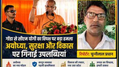 गोंडा की जनसभा में मुख्यमंत्री योगी आदित्यनाथ संबोधित करते हुए, साथ में रिपोर्टर चुन्नीलाल प्रधान की तस्वीर और अयोध्या, सुरक्षा तथा विकास से जुड़ा फीचर ग्राफिक।