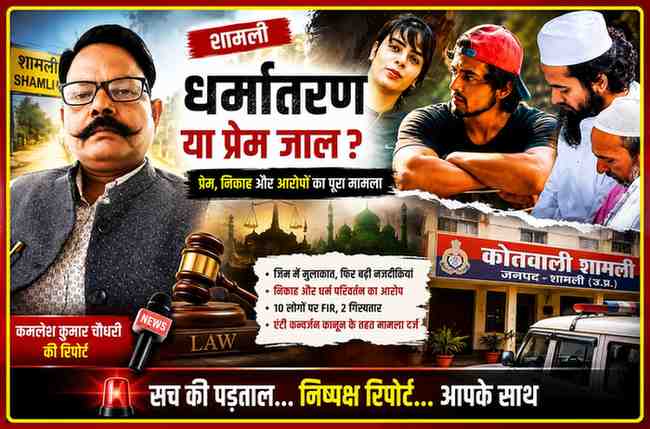 शामली धर्मांतरण विवाद से संबंधित फीचर इमेज, जिसमें रिपोर्टर कमलेश कुमार चौधरी, युवक-युवती की सांकेतिक तस्वीरें, पुलिस जांच और कानूनी कार्रवाई को दर्शाया गया है।