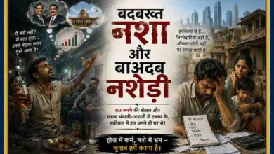 शराब के नशे में खोया व्यक्ति काल्पनिक सफलता के सपने देखता हुआ, जबकि दूसरी ओर आर्थिक संकट और पारिवारिक परेशानियों से जूझता उसका वास्तविक जीवन दर्शाती संपादकीय फीचर इमेज।