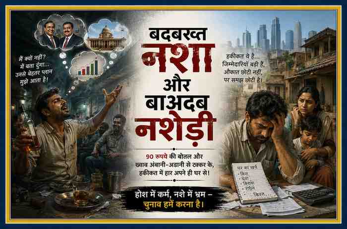 शराब के नशे में खोया व्यक्ति काल्पनिक सफलता के सपने देखता हुआ, जबकि दूसरी ओर आर्थिक संकट और पारिवारिक परेशानियों से जूझता उसका वास्तविक जीवन दर्शाती संपादकीय फीचर इमेज।