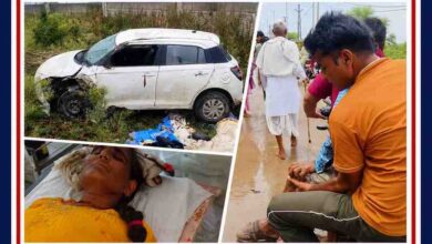 कामां के विमल कुंड मार्ग पर गंगा दशहरा के दौरान हुए हादसे में क्षतिग्रस्त कार, घायल श्रद्धालु और अस्पताल में उपचाराधीन महिला का दृश्य।