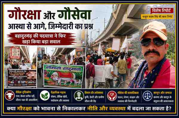 बहादुरगढ़ में आयोजित गौसेवक पदयात्रा की फीचर इमेज, जिसमें रिपोर्टर ठाकुर बख्श सिंह की तस्वीर के साथ गौसेवकों की शांतिपूर्ण पदयात्रा और गौसंरक्षण का संदेश दर्शाया गया है।