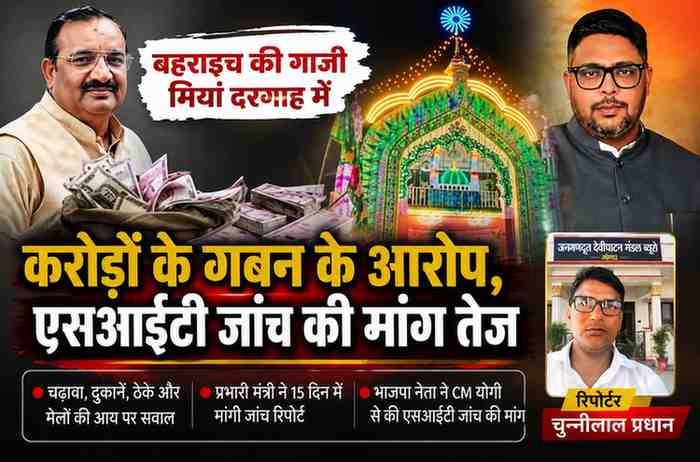 बहराइच की गाजी मियां दरगाह में कथित वित्तीय अनियमितताओं और करोड़ों रुपये के गबन के आरोपों को दर्शाती फीचर इमेज, जिसमें भाजपा नेताओं और रिपोर्टर चुन्नीलाल प्रधान की तस्वीर शामिल है।