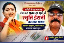 पूर्व केंद्रीय मंत्री स्मृति ईरानी और रिपोर्टर कमलेश कुमार चौधरी की तस्वीर के साथ पंचायत मतदाता सूची से नाम गायब होने से जुड़ी समाचार फीचर इमेज।