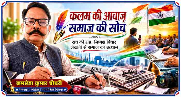 पत्रकार कमलेश कुमार चौधरी की तस्वीर के साथ पत्रकारिता, लेखन, समाचार पत्र, कैमरा, भारतीय तिरंगा और सामाजिक सरोकारों को दर्शाती आकर्षक लैंडस्केप फीचर इमेज।