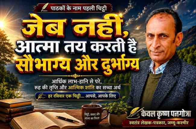 प्रकृति की सुंदर पृष्ठभूमि में लेखक केवल कृष्ण पनगोत्रा की तस्वीर के साथ ‘जेब नहीं, आत्मा तय करती है सौभाग्य और दुर्भाग्य’ शीर्षक वाली प्रेरक फीचर इमेज।