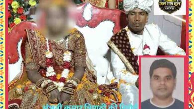 प्रयागराज की दर्दनाक घटना से जुड़ी फीचर इमेज, जिसमें दूल्हा-दुल्हन की शादी की तस्वीर के साथ रिपोर्टर अंजनी कुमार त्रिपाठी का फोटो प्रदर्शित है।