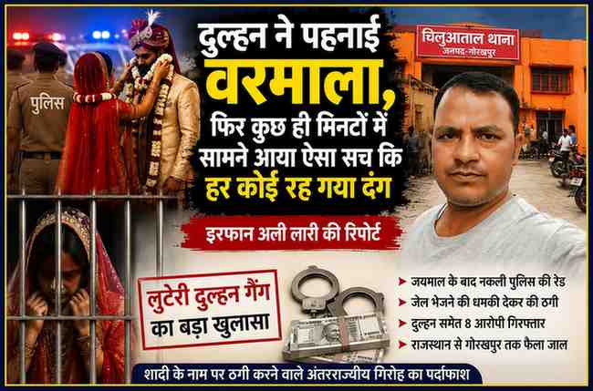 रिपोर्टर इरफान अली लारी की तस्वीर के साथ गोरखपुर लुटेरी दुल्हन गैंग, फर्जी पुलिस और शादी के नाम पर ठगी से जुड़ी सांकेतिक फीचर इमेज।