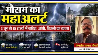 रिपोर्टर कमलेश कुमार चौधरी के साथ मौसम विभाग के महाअलर्ट को दर्शाती फीचर इमेज, जिसमें तेज आंधी, भारी बारिश, बिजली गिरने और तूफानी हवाओं का दृश्य दिखाया गया है।