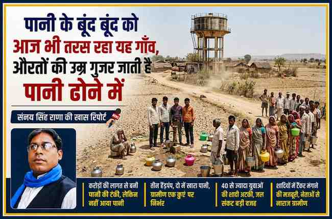 महोबा जिले के मुड़हरा गांव में पानी के लिए लाइन में खड़े ग्रामीण, पृष्ठभूमि में बनी पानी की टंकी और रिपोर्टर संजय सिंह राणा की तस्वीर।