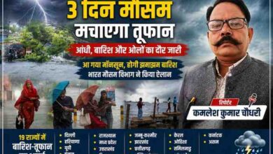 आंधी-तूफान और भारी बारिश के बीच गिरे पेड़, जलभराव और मौसम अलर्ट की तस्वीरों के साथ रिपोर्टर कमलेश कुमार चौधरी का फीचर इमेज कोलाज
