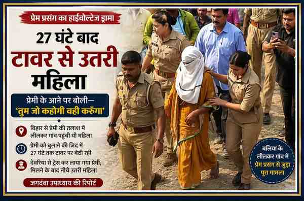 बलिया के लीलकर गांव में मोबाइल टावर से नीचे उतरने के बाद महिला को पुलिसकर्मी सुरक्षित ले जाते हुए, प्रेम प्रसंग से जुड़ा चर्चित मामला।
