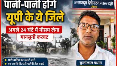 भारी बारिश और तेज हवाओं के बीच उत्तर प्रदेश मौसम अलर्ट की फीचर इमेज, जिसमें रिपोर्टर चुन्नीलाल प्रधान का फोटो और तूफानी मौसम का दृश्य दिखाया गया है।