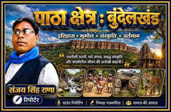 रिपोर्टर संजय सिंह राणा के चित्र के साथ बुंदेलखंड के पाठा क्षेत्र की प्राकृतिक सुंदरता, विंध्य पठार, मंदिर, आदिवासी संस्कृति और वन्यजीवों को दर्शाती फीचर इमेज।