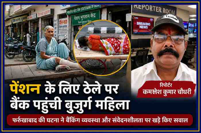 फर्रुखाबाद में घायल बुजुर्ग महिला पेंशन लेने के लिए ठेले पर बैंक पहुंची, साथ में रिपोर्टर कमलेश कुमार चौधरी की तस्वीर प्रदर्शित।
