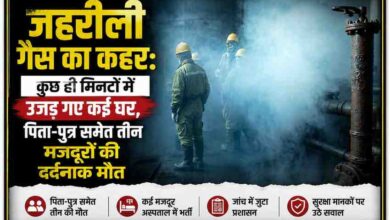 फैक्ट्री परिसर में जहरीली गैस रिसाव के दौरान धुएं से घिरे मजदूर, हादसे में पिता-पुत्र समेत तीन श्रमिकों की मौत।