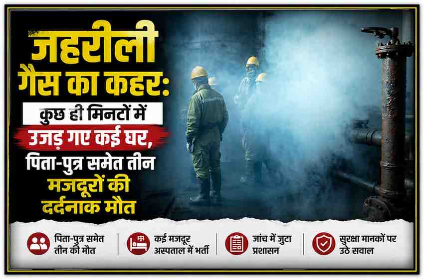 फैक्ट्री परिसर में जहरीली गैस रिसाव के दौरान धुएं से घिरे मजदूर, हादसे में पिता-पुत्र समेत तीन श्रमिकों की मौत।