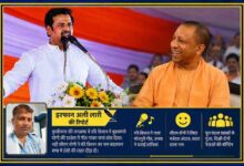 कुशीनगर की जनसभा में मंच से संबोधित करते रवि किशन, मुस्कुराते मुख्यमंत्री योगी आदित्यनाथ और रिपोर्टर इरफान अली लारी की तस्वीर के साथ तैयार फीचर इमेज।