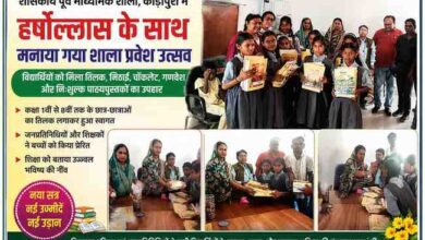 शासकीय पूर्व माध्यमिक शाला कोड़ापुरी में शाला प्रवेश उत्सव के दौरान छात्र-छात्राओं को तिलक लगाकर स्वागत करते हुए तथा निःशुल्क पाठ्यपुस्तकों और गणवेश का वितरण करते जनप्रतिनिधि एवं शिक्षक।