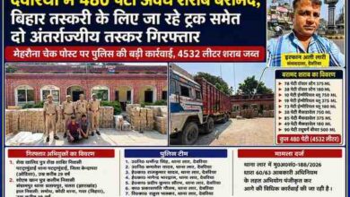 देवरिया के लार थाना पुलिस द्वारा मेहरौना चेक पोस्ट पर पकड़ी गई 480 पेटी अवैध शराब, ट्रक, पुलिस टीम और संवाददाता इरफान अली लारी की फीचर इमेज।