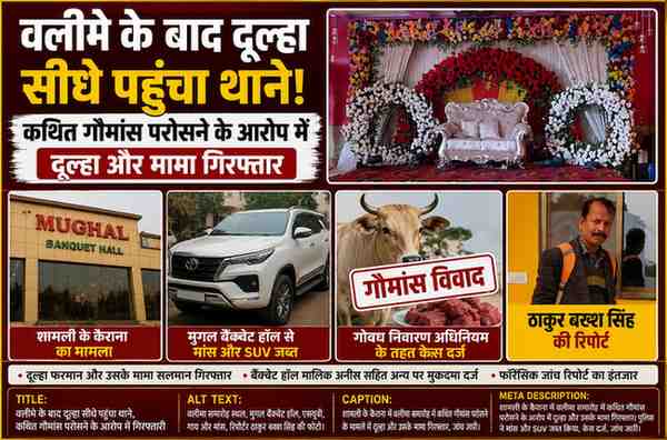 शामली के कैराना में वलीमा समारोह, मुगल बैंक्वेट हॉल, रिपोर्टर ठाकुर बख्श सिंह की तस्वीर और कथित गौमांस विवाद से जुड़ा समाचार ग्राफिक।