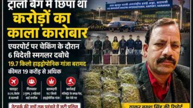 रिपोर्टर ठाकुर बख्श सिंह की तस्वीर के साथ वाराणसी एयरपोर्ट पर पकड़े गए 6 विदेशी तस्करों और 19.7 किलो हाइड्रोपोनिक गांजा बरामदगी को दर्शाती फीचर इमेज।
