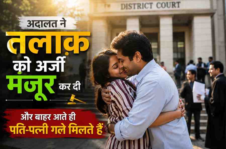 जिला अदालत के बाहर एक दंपति भावुक होकर गले मिल रहा है। तलाक़ की अर्जी मंजूर होने के बाद दोनों के बीच सुलह और भावनात्मक पुनर्मिलन का दृश्य दिखाई दे रहा है।