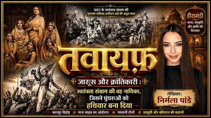 लेखिका निर्मला पांडे की तस्वीर के साथ अज़ीज़न बाई, हीरामंडी और 1857 के स्वतंत्रता संग्राम को दर्शाती हुई विशेष फीचर इमेज।